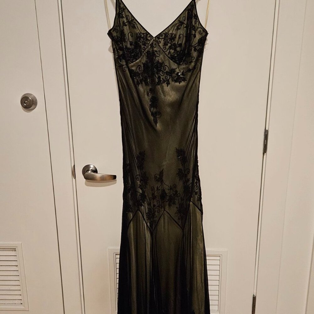 Adrianna Papell Green and Black Beaded Evening Gown Size 14